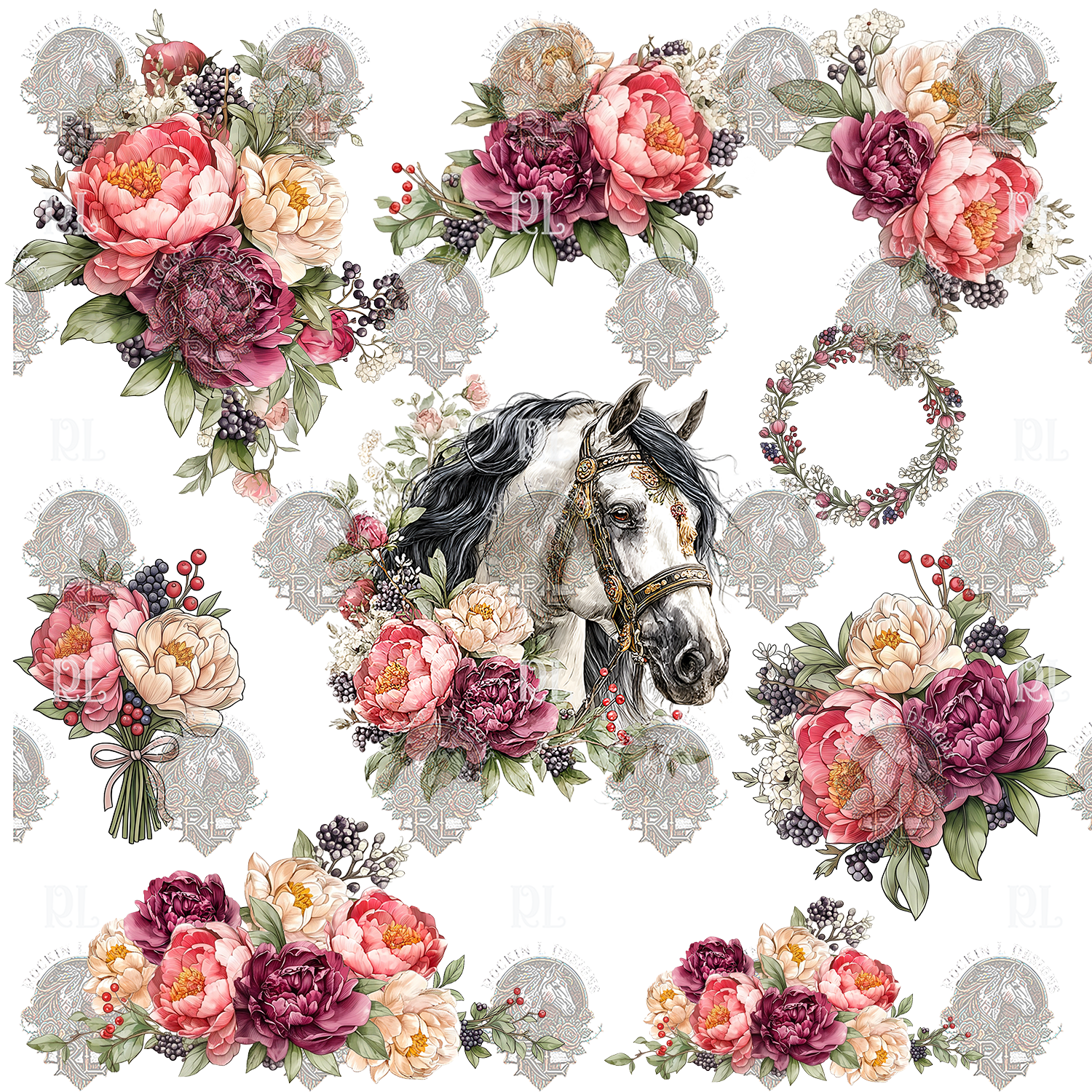 Horse Pink Floral Element W4