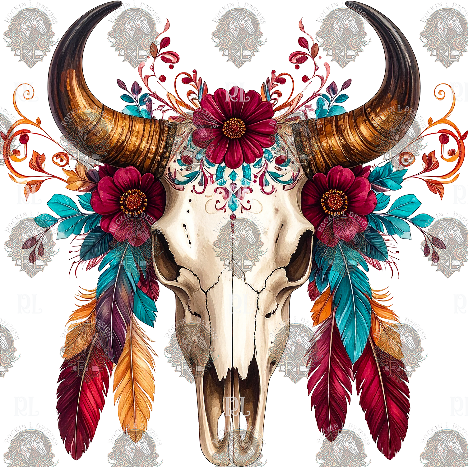 Wildfire Feather Cow Skull 3a4